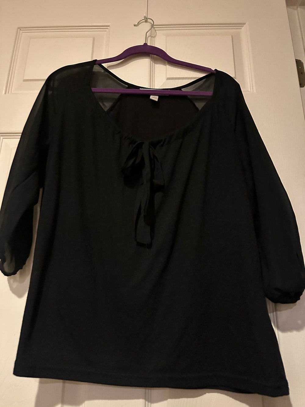 French Laundry Black Tie-Neck Blouse with Sheer Sleeves